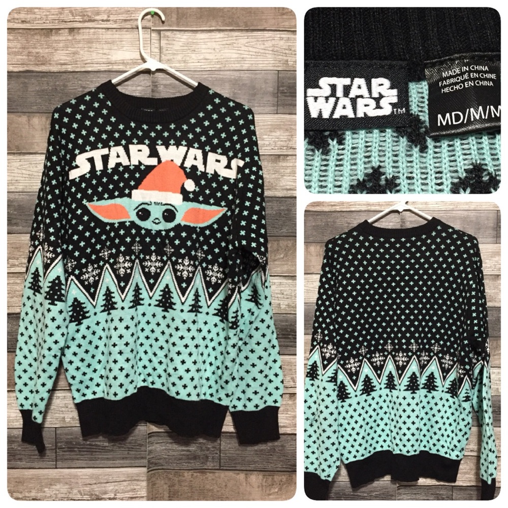 Star Wars Baby Yoda Christmas Holiday Sweater Men’s M Black Blue Pullover